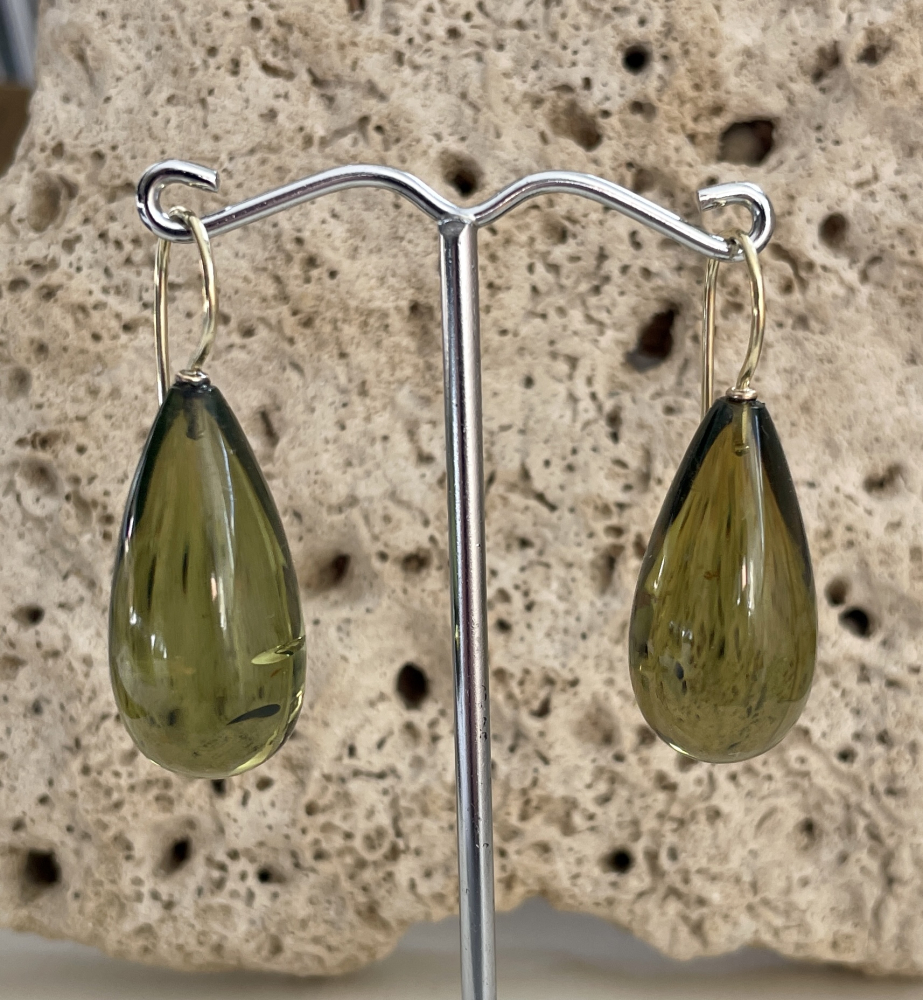 Grüne Bernstein Ohrhänger 27 x 15 mm glatt 585 GG